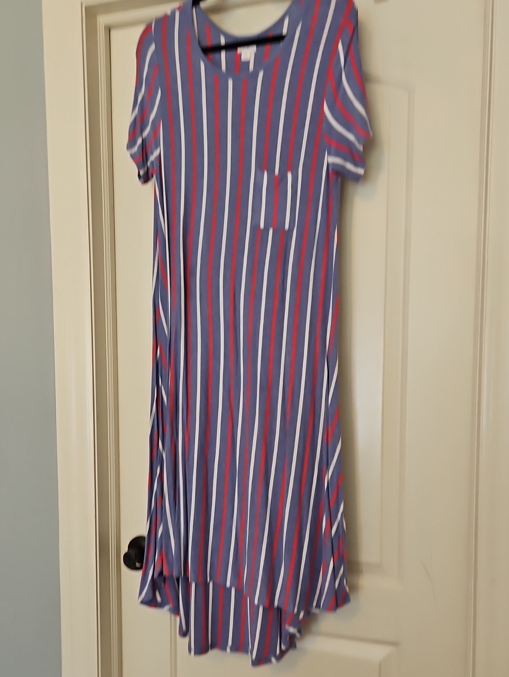 LuLaRoe Blue Midi Dress with Red and White Stripes